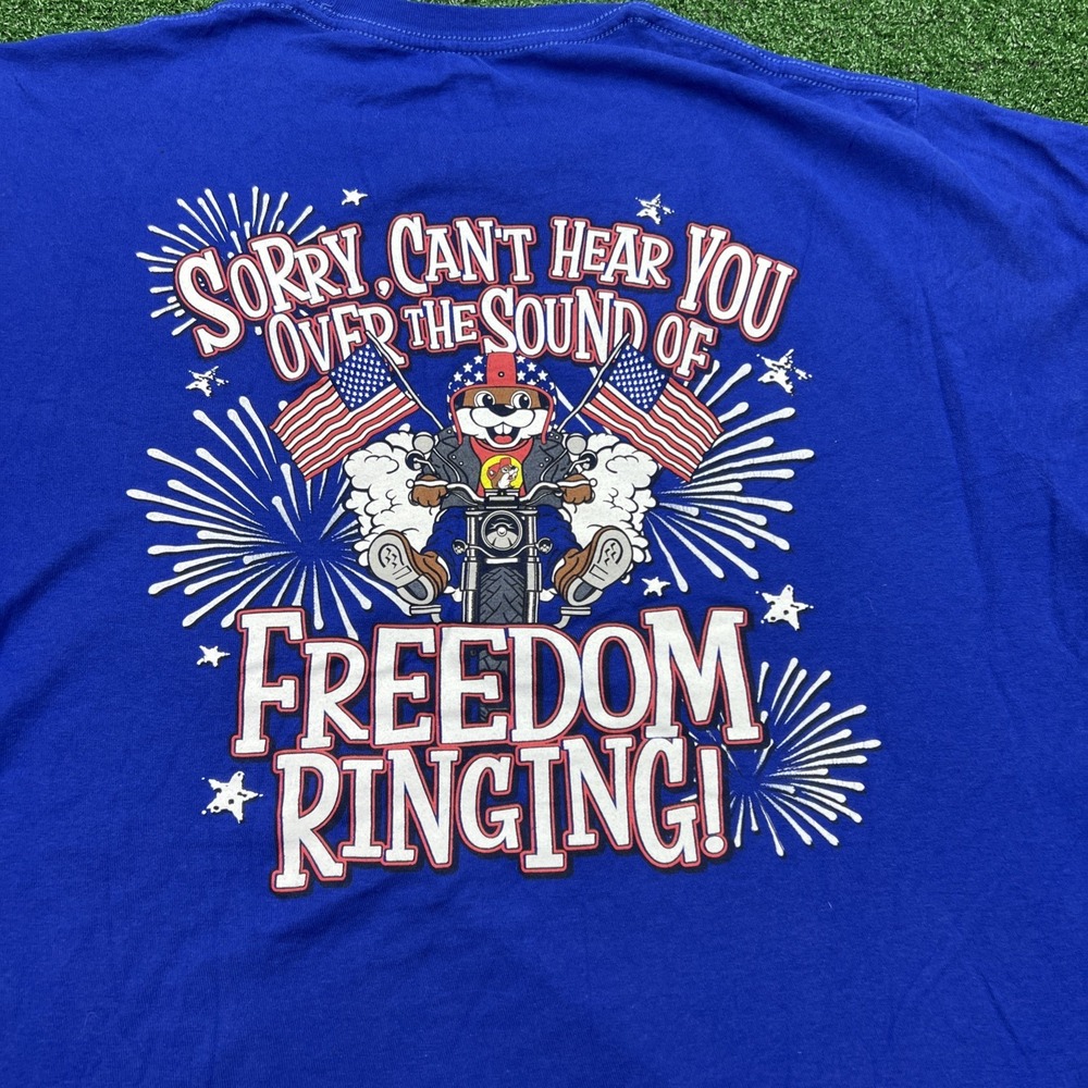 Buc-ees Sorry Can't Hear You Over the Sound of Freedom Ring Blue T-Shirt Mens Lg